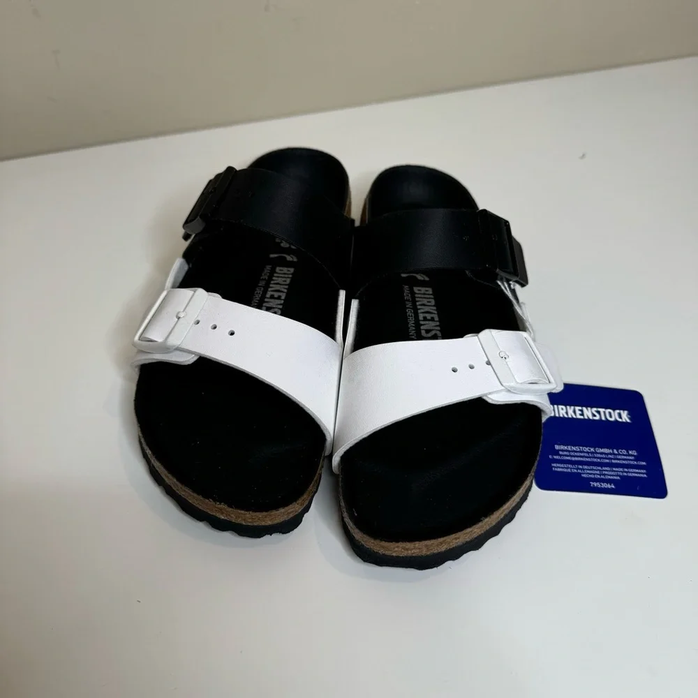 NEW Birkenstock Arizona Split Two-Strap Black & White Sandals size 5 - Picture 3 of 9